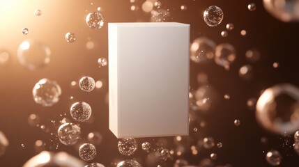 Poster - Visual Display of a White Cuboid Structure Surrounded by Bubbles in a Warm, Glowing Environment Showcasing a Minimalist Design Concept