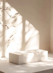 Poster - Minimalist Display of a White Rectangular Object in a Softly Lit Room With Natural Shadows and Delicate Floral Decor