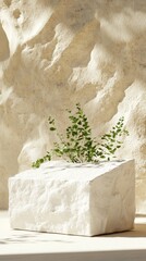 Poster - Serene Display of Greenery Atop a Textured Stone Surface in a Sunlit Space, Showcasing Natural Elements and Minimalistic Design