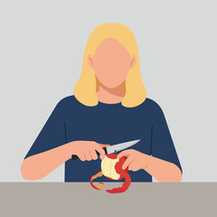 Poster - Person peeling an apple with a knife in flat vector art style
