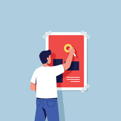 Poster - Person applying artwork to wall in flat vector illustration style