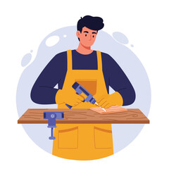 Poster - Craftsman using tools in flat design style for woodworking vector illustration