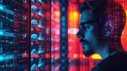 Leinwandbilder - In a modern data center, a focused analyst observes server performance on glowing screens. The ambient lights highlight the ambient tech atmosphere late at night.
