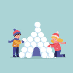 Poster - Two children building a snow fort in flat vector art style