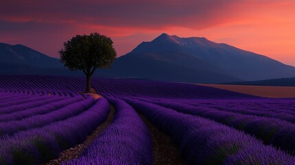Picturesque field of lavender with a solitary tree and mountain