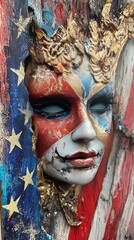 Poster - Modern Bathroom Design Featuring a Deep Red Tub Against a Rustic American Flag Backdrop With a Unique Artistic Style