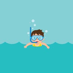 Poster - Child swimming with snorkel in water, flat design style vector illustration