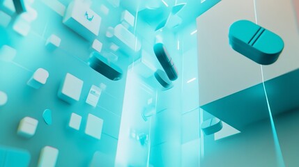  - Futuristic Display of Floating Capsules and Pharmaceutical Shapes Against a Glowing Background in a Digital Space