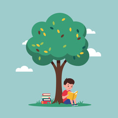 Poster - Boy reading book under a tree in flat vector art style vector illustration