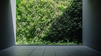Poster - Green Foliage Contrasting Light and Shadow in a Modern Architectural Space During Daylight Hours