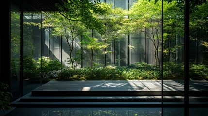 Poster - Green Foliage Contrasting Light and Shadow in a Modern Architectural Space During Daylight Hours