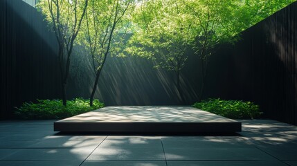 Poster - Green Foliage Contrasting Light and Shadow in a Modern Architectural Space During Daylight Hours