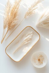 Poster - Elegant Arrangement of Golden and White Decorative Leaves on a Textured Background, Showcasing a Blend of Nature and Art for Home Decor Inspiration