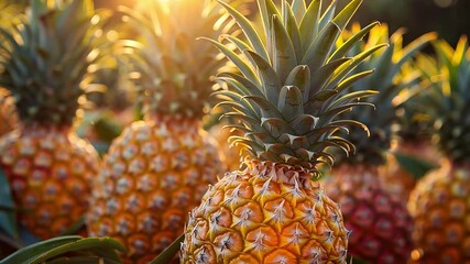 Poster - This Ripe pineapples bask in the sunlight, showcasing their vibrant colors in a lush field.