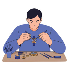Poster - Man repairing a watch in flat digital style vector art