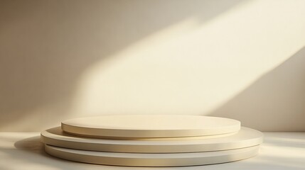 Poster - A Minimalist Round Platform in a Softly Lit Studio Setting Showcasing a Tranquil Atmosphere and Warm Colors for Product Display or Artistic Presentations