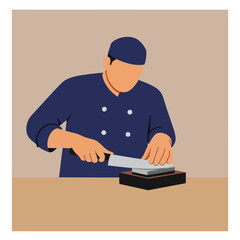 Poster - Chef sharpening knife on whetstone in flat vector art style