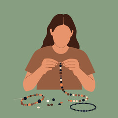 Poster - Person crafting jewelry with beads in flat vector illustration style