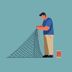 Poster - Fisherman preparing fishing net in flat style vector art