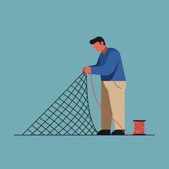 Poster - Fisherman preparing fishing net in flat design style vector illustration