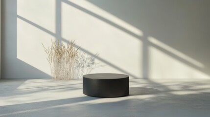 Poster - Minimalist Interior Design Featuring a Round Table and Natural Light Casting Shadows in a Modern Space