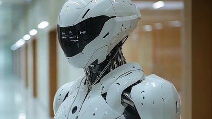 Fototapete - This humanoid robot with a futuristic design is displayed in a contemporary corridor. Exoskeleton