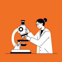 Poster - Scientist examining sample through microscope in minimal flat vector art
