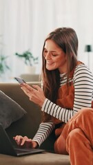 Fototapete - Laptop, student and woman with smartphone, typing and info on website for assignment and education. Studying, online course and person with tech for project, knowledge and subscription for mobile app