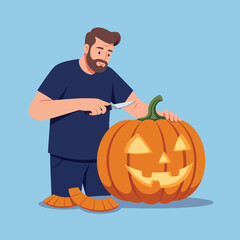 Poster - Man carving a pumpkin in a flat and colorful vector illustration