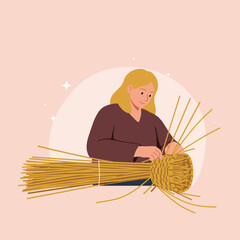 Poster - Artisan weaving straw into a basket using flat vector art style for illustration