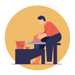 Poster - Pottery artisan shaping clay on wheel in flat vector art style