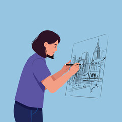 Poster - Artist sketching city skyline in minimal design style vector illustration