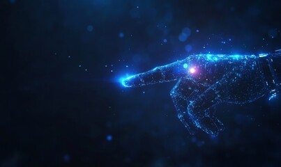 robot finger pointing with information datum and connection hologram for futuristic robotic artificial intelligence productivity and automation efficiency as wide banner with copy space poster, Genera