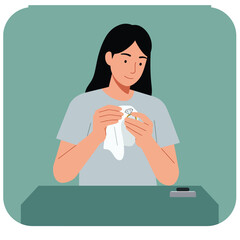 Poster - Woman repairing fabric with needle in minimal flat vector art