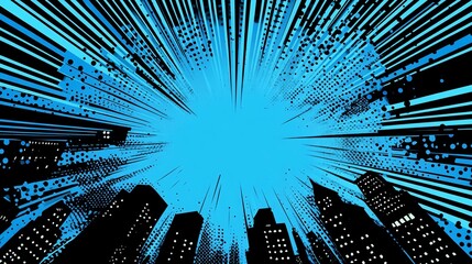 Poster - Comic book city background cityscape illustration vector art skyline with speed lines and halftone effect