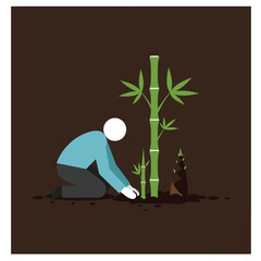 Poster - Person planting bamboo in detailed flat vector art style illustration