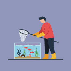 Poster - Person using a net to catch fish in a flat style vector art