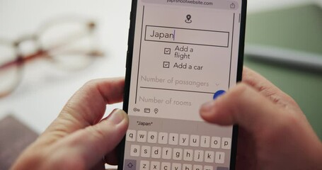 Poster - Hands, phone screen and booking flight for travel with information, location and search for discount. Person, smartphone and user experience for international trip with sale on app for plane ticket