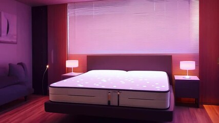 Poster - The room showcases a stylish bed with a luminous mattress, accompanied by a comfortable chair and elegantly lit bedside lamps, creating a soothing atmosphere perfect for unwinding.