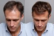 © Milos - This image showcases a side-by-side comparison of a man before and after a hair restoration procedure, highlighting the significant change in hair volume and style.