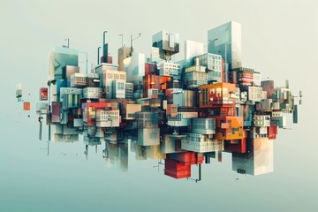 Poster - a colorful, geometric cityscape floats in the sky, composed of interconnected buildings in a modern 