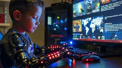 Poster - A boy with mechanical arms focused intently on his gaming setup, illuminated by colorful lights from the computer. His expression shows concentration and engagement in the digital world.