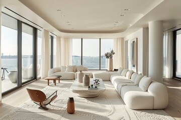 Poster - a bright and airy living room with floor-to-ceiling windows showcasing stunning ocean views, bright 