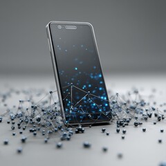 Fototapete - Connectivity Concept: Smartphone Surrounded by a Network of Linked Spheres with Data Points Illuminating the Screen