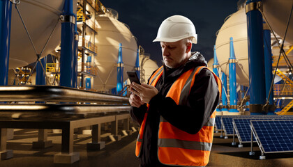 Poster - man plant technologist. factory engineer holding phone. guy is engineer on territory of manufactory.