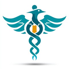Poster - Phoenix Caduceus: Medical Symbol with Bird and Snakes in Teal and Gold for Health and Wellness Solutions