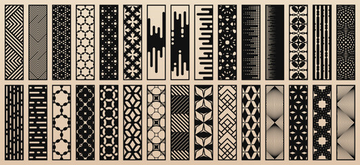 Aufkleber - Vector bundle of 30 templates for laser, CNC cut. Unique design with abstract geometric patterns, modern geo ornaments. Stencils for plotter cutting of wood, paper, metal, plywood. Aspect ratio 1:4
