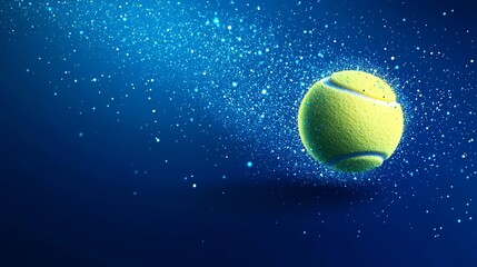 Poster - Tennis ball glowing with blue sparkles on dark background for sporting event and tournament posters