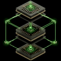 Aufkleber - Digital Circuitry: Interconnected Processors with Glowing Green Links on a Black Background