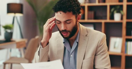 Poster - Businessman, stress and headache with documents in home office for trial evidence mistake and legal research. Remote work, lawyer and overwhelmed for workload pressure, tension migraine and massage